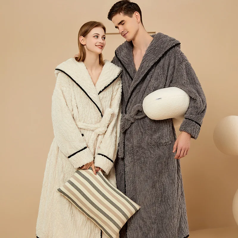 

Couples Kimono Men Winter Thick Warm Flannel Bathrobe Plus Size Hooded Long Coral Fleece Bath Robes Women Soft Dressing Gown