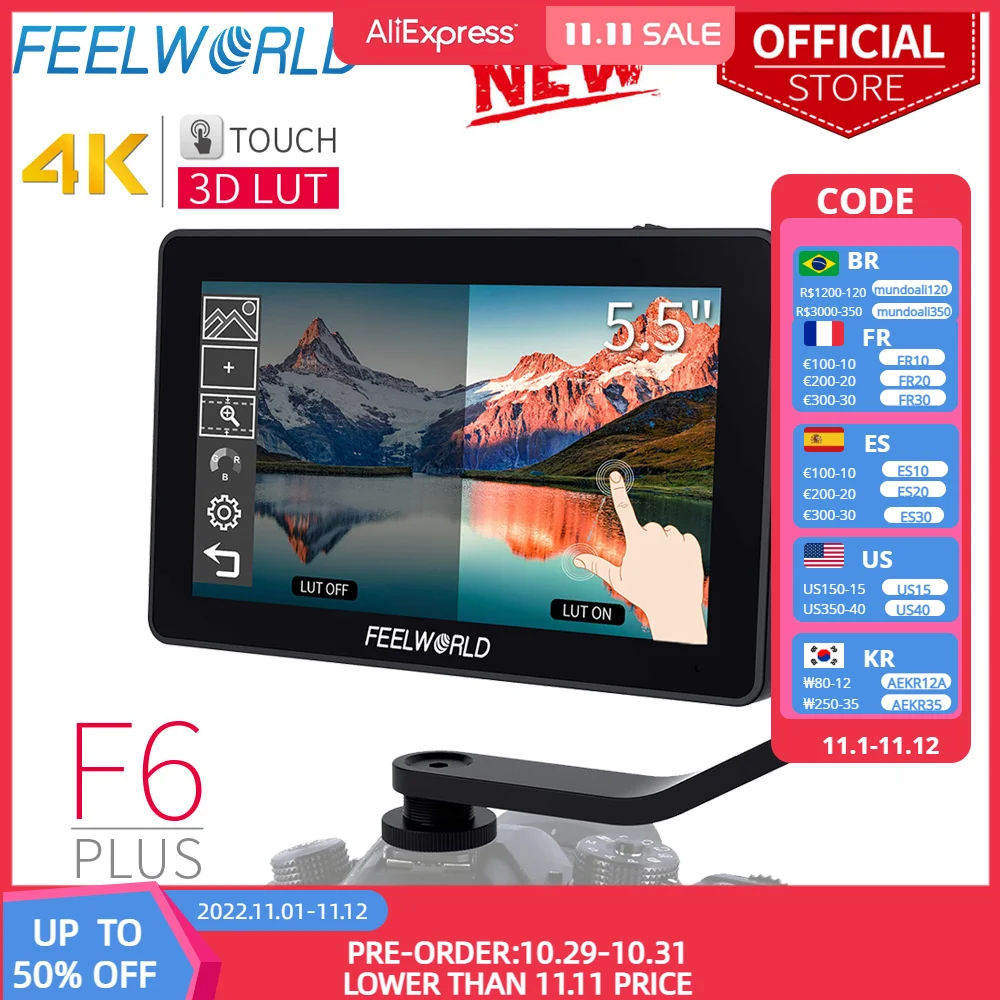 

FEELWORLD 5.5 Inch 3D LUT IPS Touch Screen FHD 4K HDMI 19201080 Waveformform on Camera DSLR Field Monitor Rig Gimbal F6PLUS