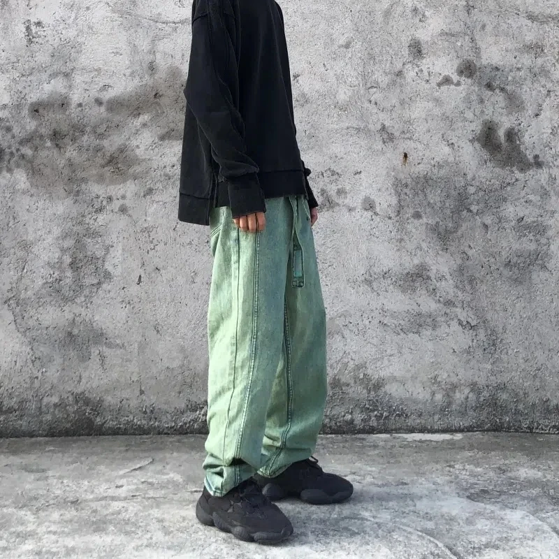 Men Trendy Straight Jeans Green Streetwear Hip-hop Skateboarding Retro Casual Wide Legs Youth Male Harajuku Style Denim Pants