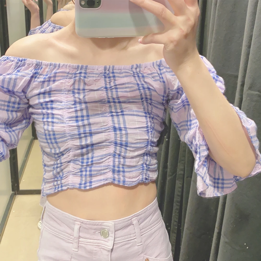 

Женская летняя рубашка JUNWU Za фиолетовая клетчатая с односторонним воротником без бретелек плиссированная короткая рубашка с расклешенным ...