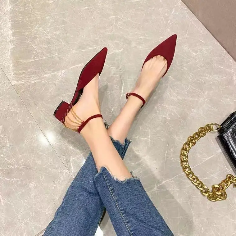 Chain Black Women Shoes Baotou Thick-heeled Sandals Women's 2022 Summer New Pointed Toe Buckle Flat Shoes