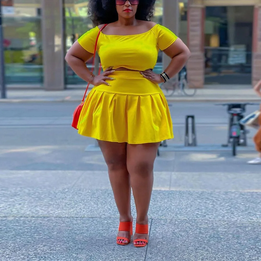 

4XL 5XL Oversized 2 Pices Skirts Sets for Women Yellow Crop Tops & Mini Skirts Fashion Elegant High Street Daily Wear Cloth Sets