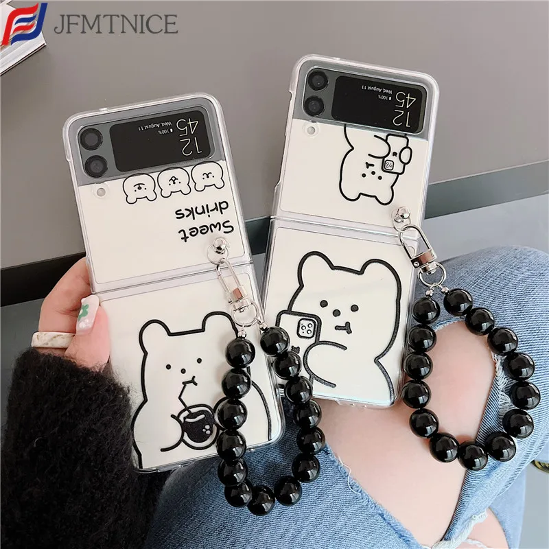 

INS Korea Cute Ultra Thin Cartoon Bear Clear Phone Case for Samsung Galaxy Z Flip 3 5G Zflip 4 Z3 Black Beads Shockproof Cover