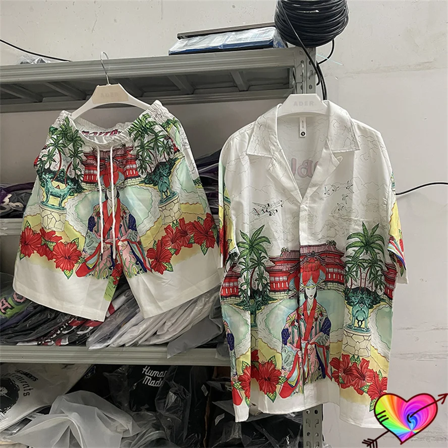 

2023ss Casablanca Okinawa Suit Men Women 1:1 Silk Casablanca Logo Sets CASA Shirt Short Sleeve Tops Japan Sport Shorts