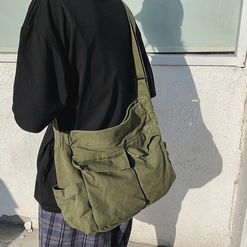 Artistic Girl Canvas Shoulder Bag Leisure Shopping Bag Large Capacity Handbag Versatile Solid Color Shoulder Crossbody Bag