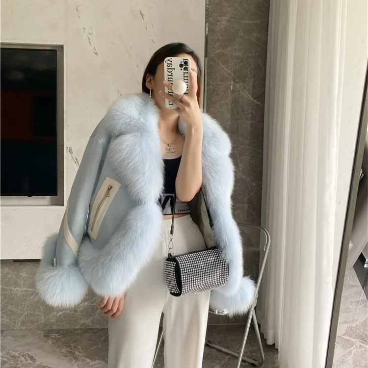 Fall/winter fox fur fur collar down jacket young women short Genuine Leather Thick Warm fur collar outerwear fashion tops 2023