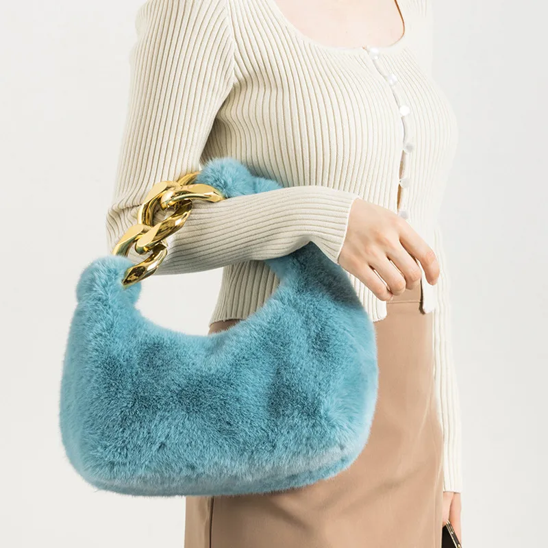 Winter Warm Bag Pink Blue Faux Fur Top Handle Purse Metal Chain Half Moon Design Women Clutch Evening Bag Small Phone Handbag