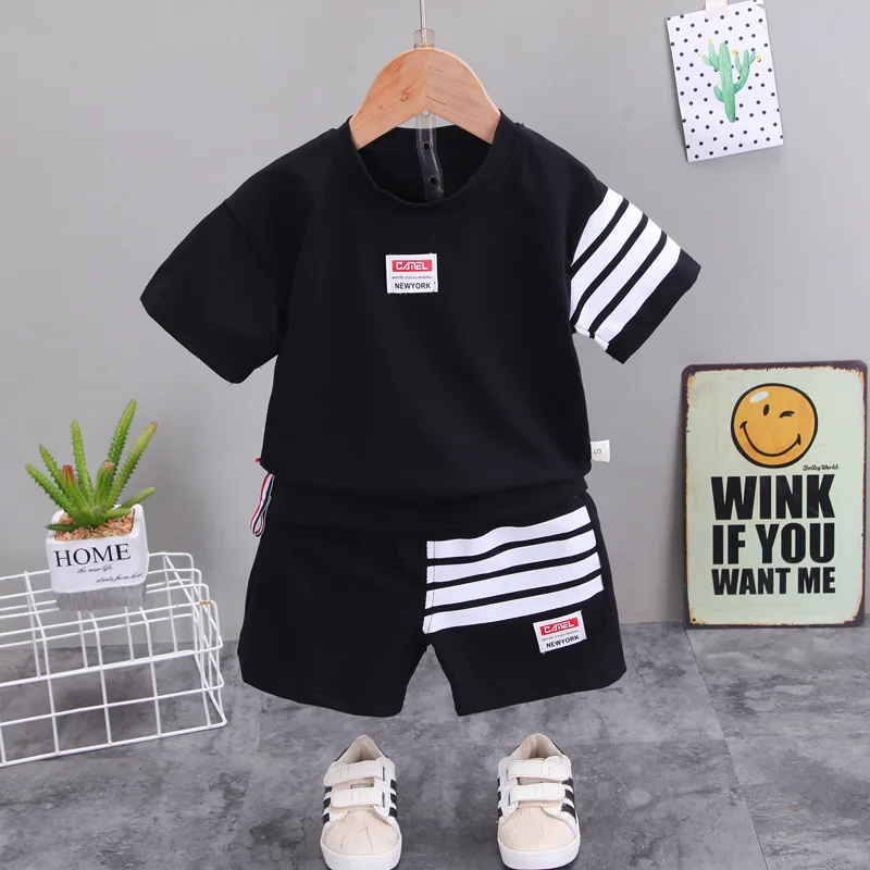 

Baby Boy Summer Clothes Korean Cartoon Cotton Sleeveless Tops Vest + Striped Shorts 2PCS Infant Clothing Outfits Bebes Costume