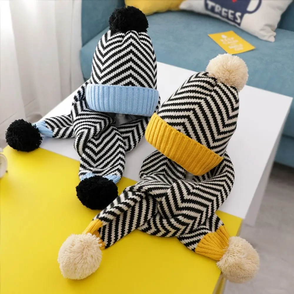

Knitted Children's Hat Scarf Set Head Hood Neck Warm Thick Beanies Windproof Striped Ski Scarf Caps Autumn Winter