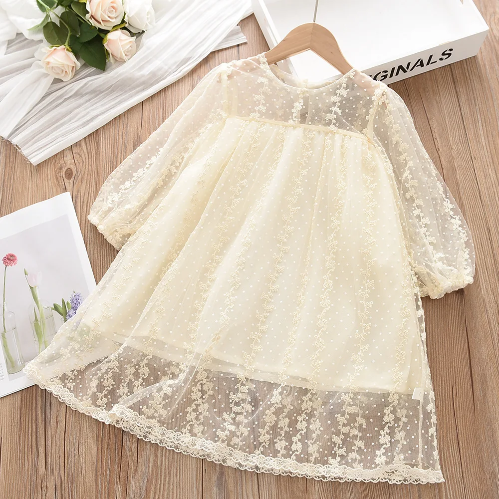 

Laura Kors 2023 Winter New Arrivals Girls Dress Long Sleeve O Neck Mesh Apricot Sweet Baby Girls Dress Vestidos 18M-6T