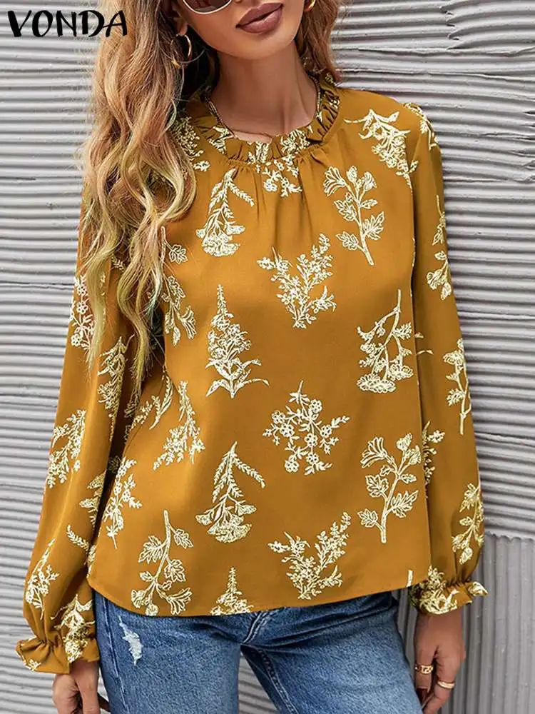 

VONDA Oversize Stylish Fashion Blouses Women Tunics Loose Long Sleeve Ruffled Blusas Shirts Casual Vintage Printed Chemise Tops