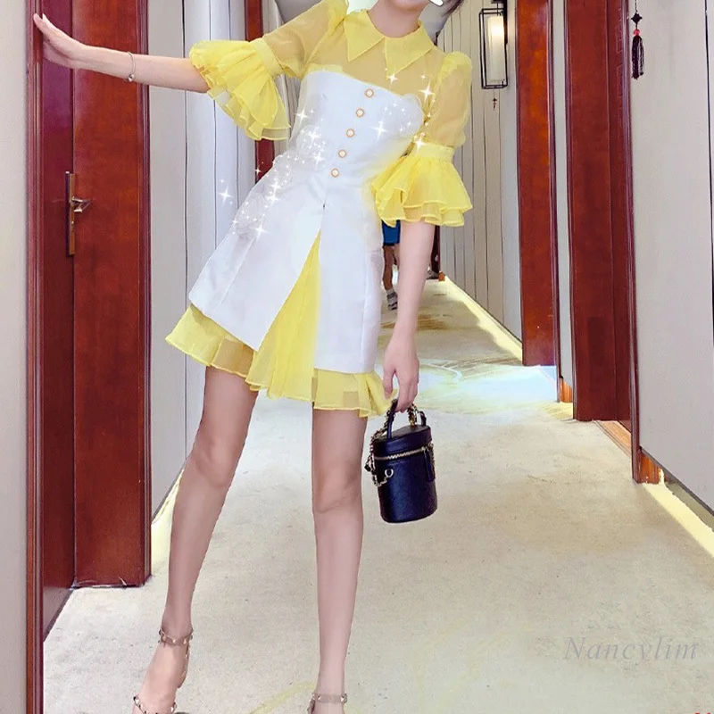 

2022 Summer New Fashion Yellow Patch White Dress for Women Mini-Length Mesh Stitching Short Flare Sleeve Dresses Ladies Outwears