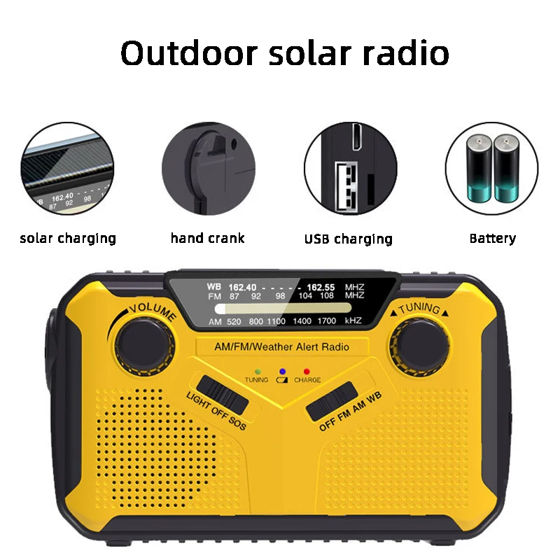 

Multifunctional Hand Radio Solar Generator Crank Dynamo FM AM WB Weather Radio Receiver Emergency Power Bank LED Flashlight SOS