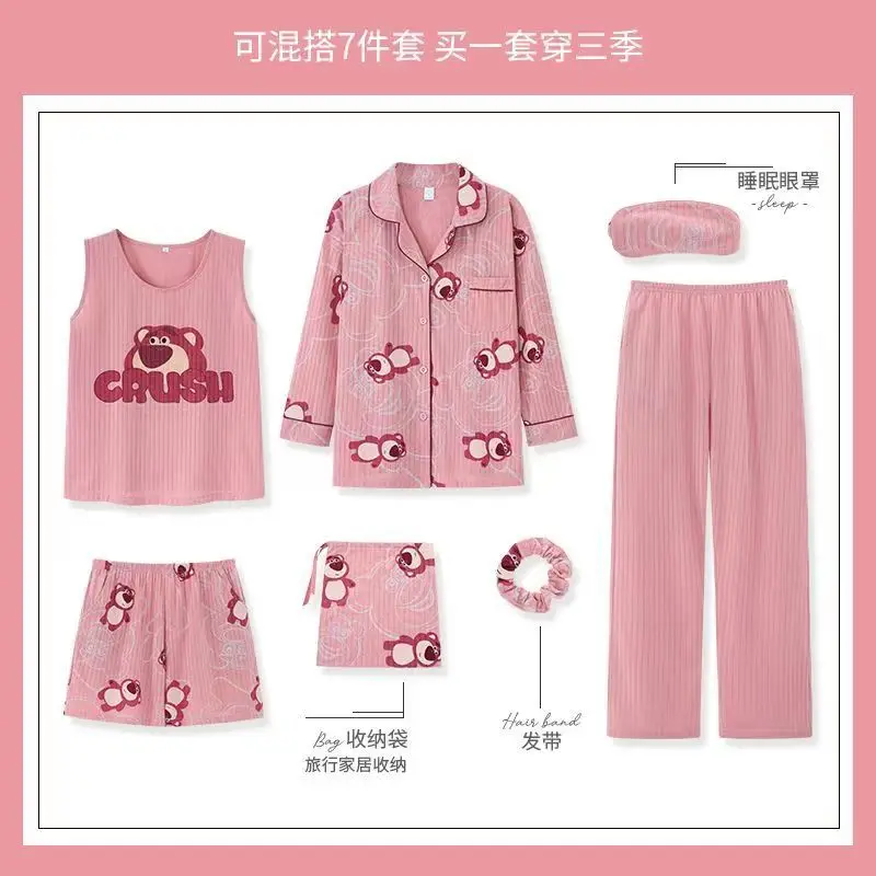 Pyjama 7 Pieces Women Spring Autumn Sleepwear Cotton Wear Home Clothes Sweet Casual Pajama Japan Cartoon Anime Print Mujer Lady