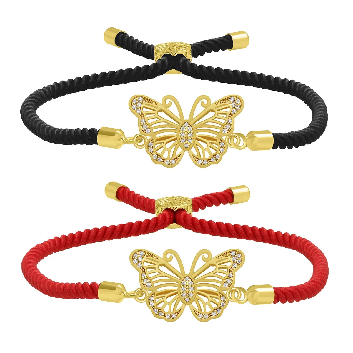 

White CZ Butterfly Insect Charms Adjustable Twisted Cord Luck Red String Black Rope Bracelet For Women Gold-plated Jewelry Gifts