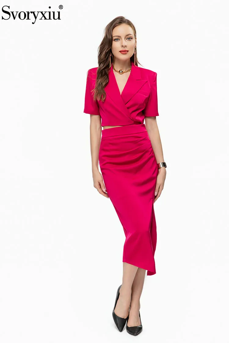 

Svoryxiu Summer Designer Fashion Vintage Rose Red Color Skirt Suit Women's Turn-down Collar Frenum Coat+High Waist Split Dress
