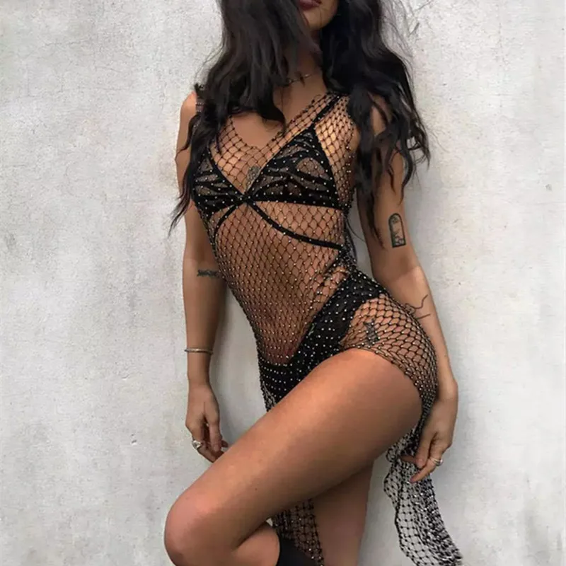 

2021 Summer Trend Hollow V-neck Cardigan Fishnet Rhinestone Dress