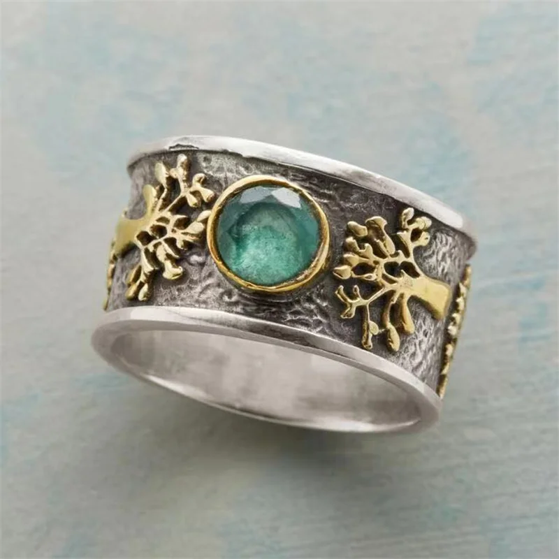 

Vintage Creative Gold Color Life Tree Broadside Ring Inlay Round Green Crystal Ring For Women Retro Sliver Wedding Jewelry Gifts