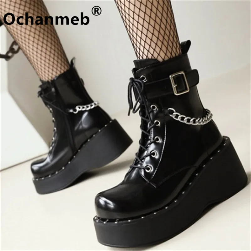 

Ochanmeb Punk Rivets Silver Metal Chain Patent Leather Boots Women Round Toe Wedges Heel Platform Buckle Boot Lady Shoes Size 43
