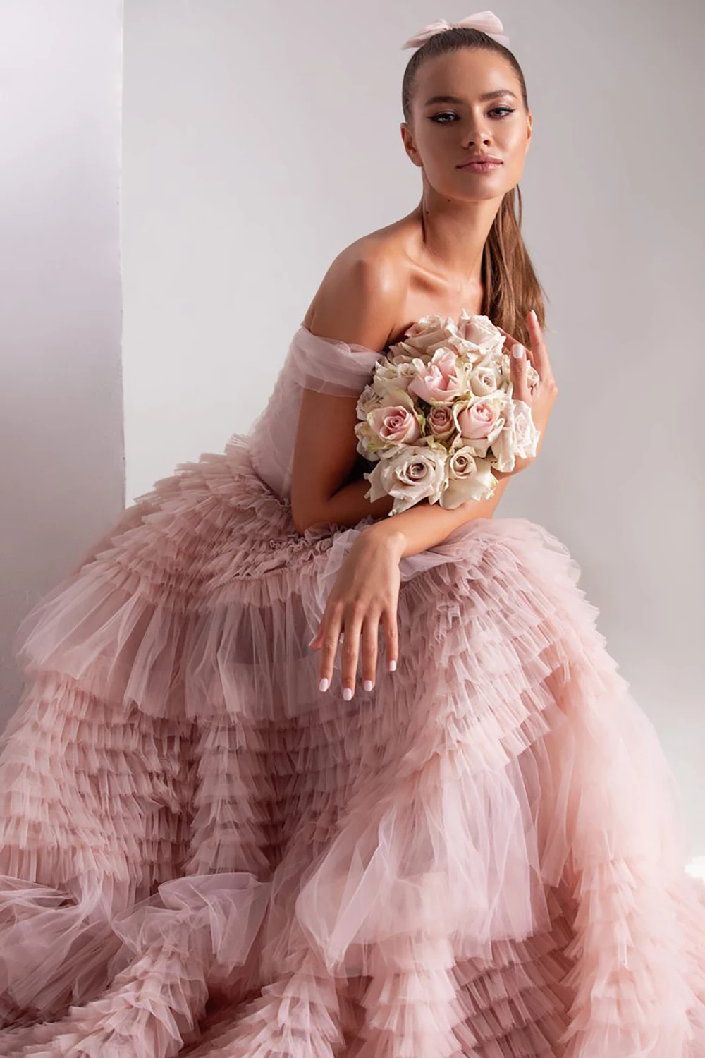 

Private Custom Pink Long Prom Dresses Sweetheart Crumpled Tulle Ruffles Evening Dresses Off Shoulder Tiered A-Line Party Dress