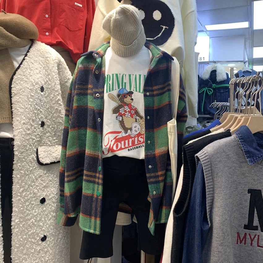 

Korean Autumn and Winter Hong Kong Style Plaid Shirt Women's Long Sleeve Loose Design Feeling Frosted Thickened Loose Shirt for