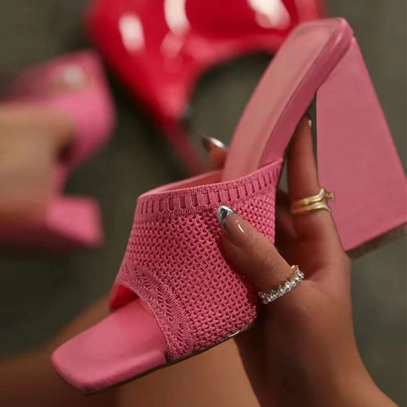 

Liyke New Arrival Pink Stretch Fabric Women Triangle Thick Heels Sexy Party Slippers Square Toe Summer Sandals Dress Slide Shoes