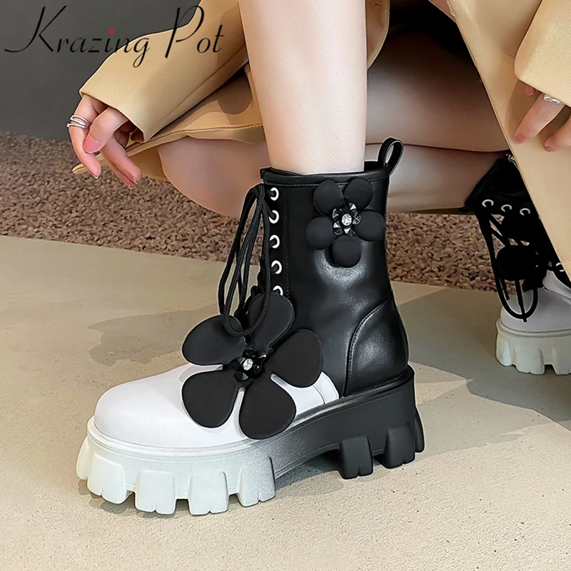

Роскошные мотоциклетные ботинки Krazing Pot 2023 из коровьей кожи на толстом каблуке с цветами, пикантная теплая зимняя обувь со стразами, модные милые ботильоны