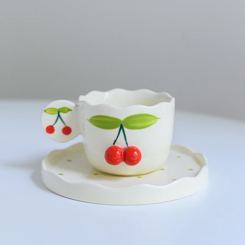 

Cute 3D Cherry Cup and Saucer Hand Painted Ceramic Coffee Tea Latte Cup Set Home Office Drinkware Personalized Gift For Her Girl