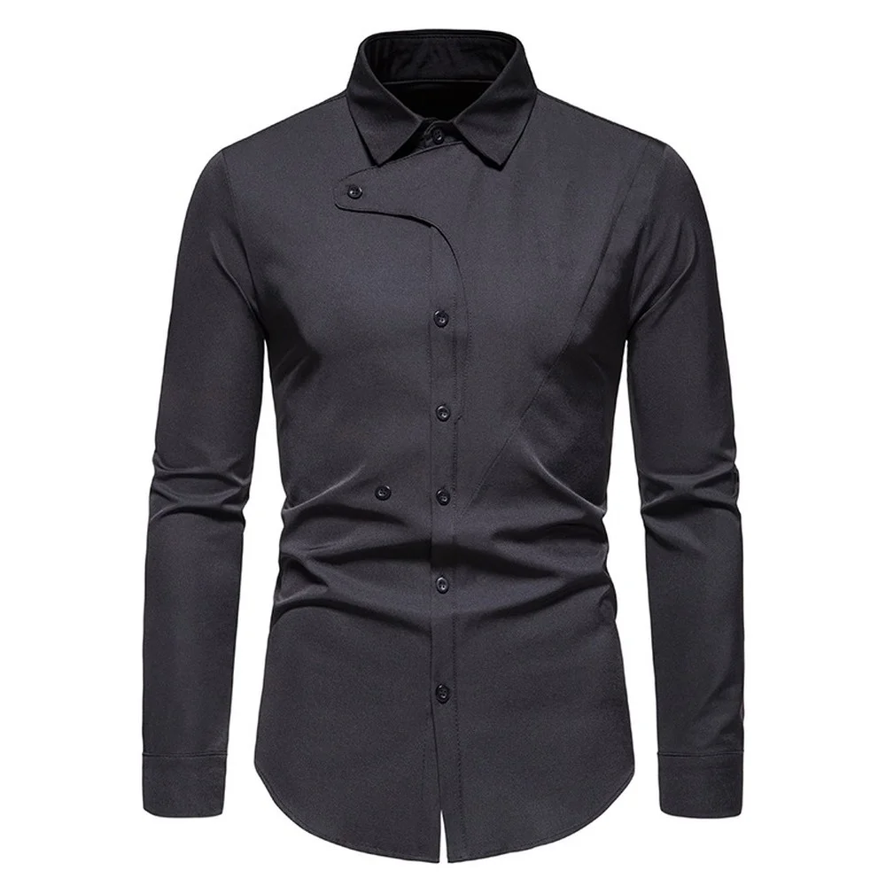 

New US Size Men's Spring New Oblique Button Irregular Henry Collar Business Casual Long Sleeve Shirt Dress Shirt