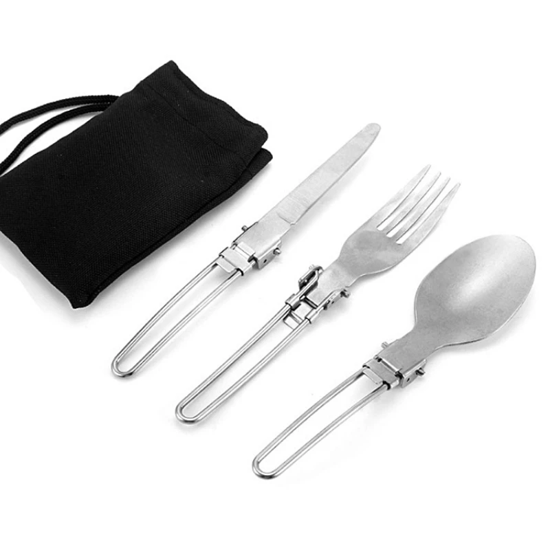 

Outdoor Travel Stainless Steel Folding Tableware Three-piece Portable Folding Knife Fork Spoon Cloth Bag