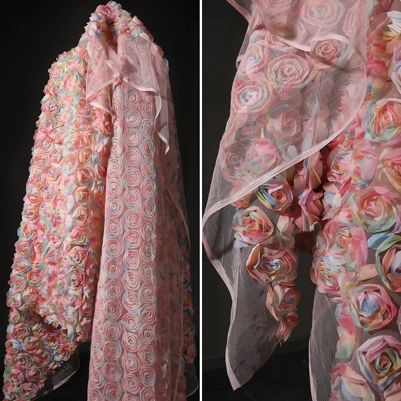 

50*150cm Chiffon Rose Embroidered Flower Yarn Fabric 3D Rose Floral Tulle Designer Fabric For Diy Dress Wedding Background Decor