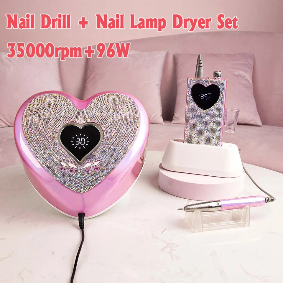 Professional Manicure Machine 96W Quick Dry UV-LED Nail Lamp Set Pink Heart Rechargeable 35000 Nail Art Drill Tool Kit Set