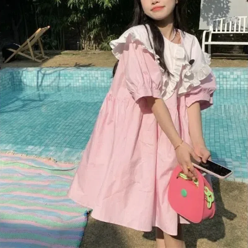 Женское платье с короткими рукавами однотонное свободное Повседневное в стиле