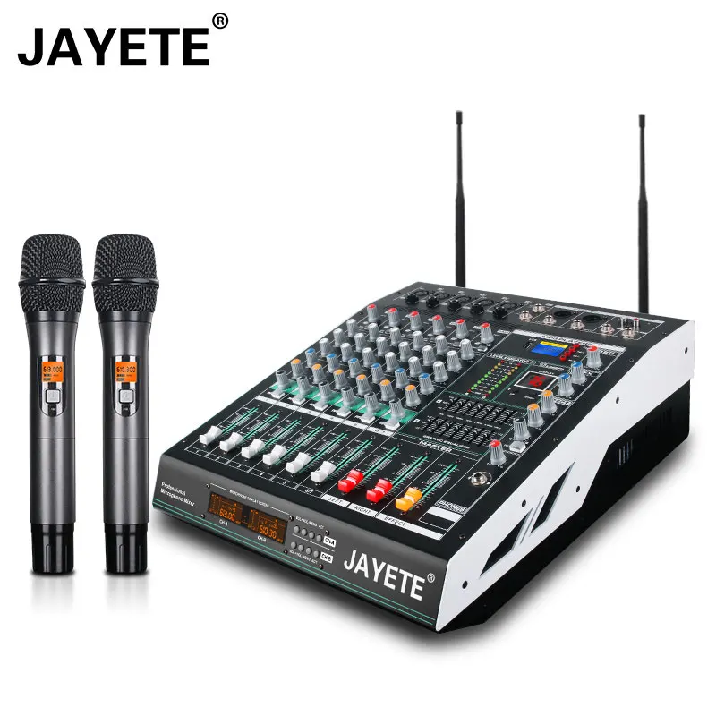 

Professional 16 DSP Digital 6-channel Audio Mixer 250W Amplifier MP3 BT Mixer UHF Wireless Microphone For Family Party Stage KTV
