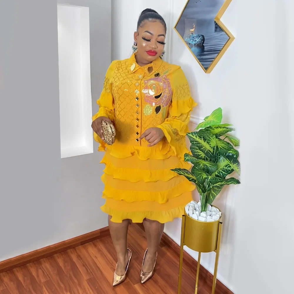 XL-5XL plus size Dresses for Women Summer Women Long Sleeve Green Pink Yellow Black Knee-length Dress African Clothes