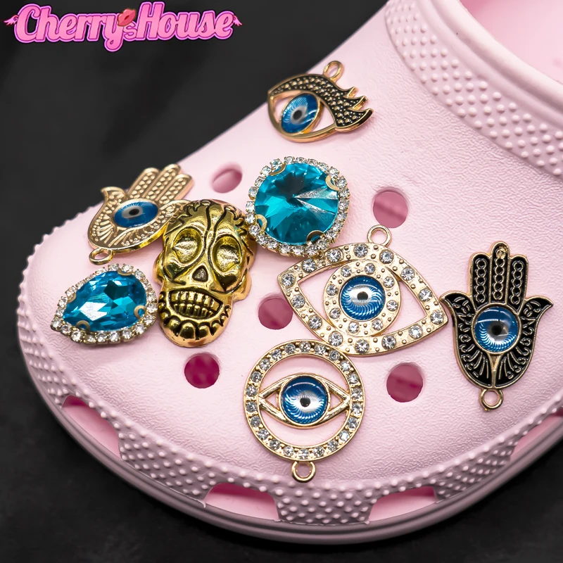 

8pcs Bling Gems Croc Charms Blue Evil Eye Shoe Charm Accessories Skull Women Clog Jeans Clogs Decoration Girls Gift
