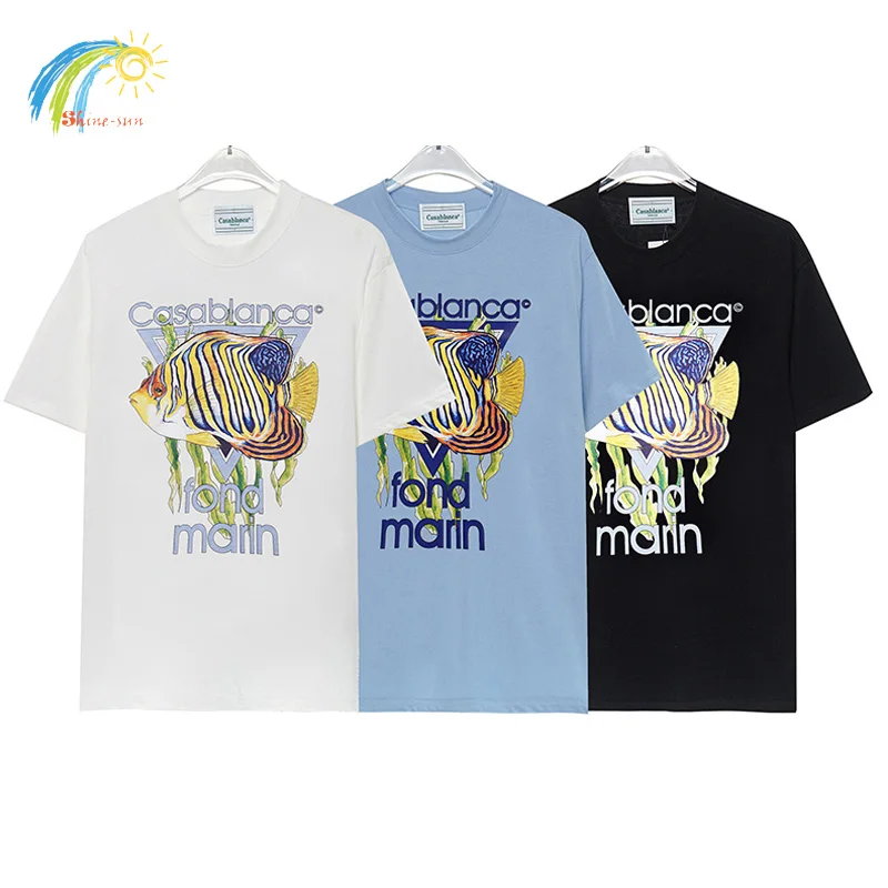 

Marine Fish Digital Printing CASABLANCA T Shirt Men Women 1:1 High Quality Cotton Classic Inverted Triangle Blue Black White Tee