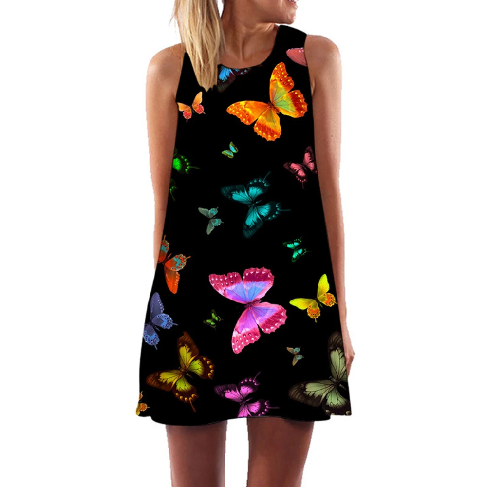 

2022 Summer Women Colorful Butterfly Print Casual Loose Sleeveless Short Mini Dress