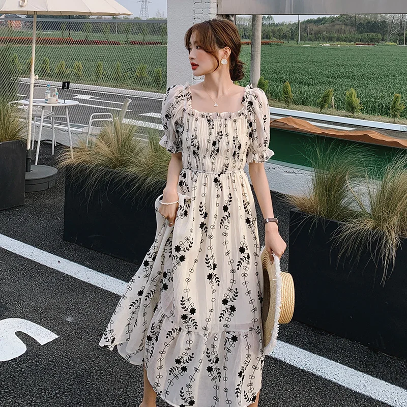 

Женское Цветочное платье с коротким рукавом, элегантное облегающее повседневное ТРАПЕЦИЕВИДНОЕ праздничное длинное платье в французском ...