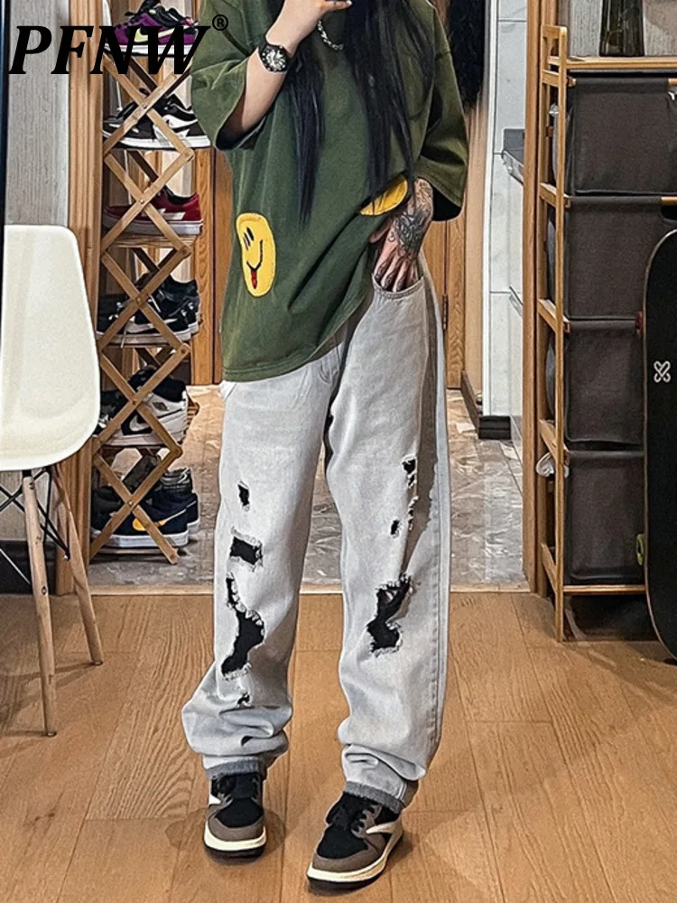 

PFNW Hole Solid Loose Jeans For Men Summer Design Niche Thin Wide Leg Denim Pants High Street Trendy Straight Trousers 12A5013