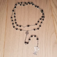 lucifers fancy print black glass rosary pendant necklace