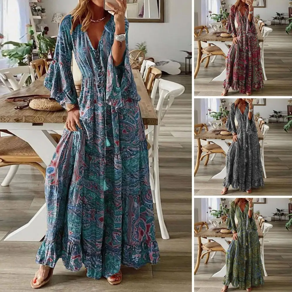 

Women Bohemian Beach Maxi Dress Spring Summer Casual V-Neck Long Sleeve Dresses Female Vintage Floral Print Long Dress Vestidos