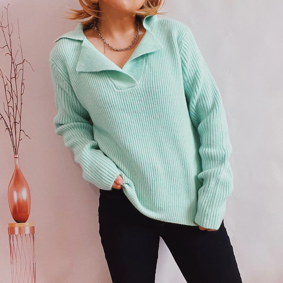 

2022 Lapel Maternity Long Sleeve Thickened Pullover Sweater Women White