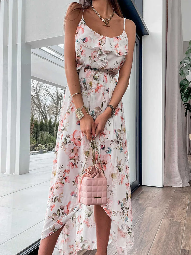 

Elegant Floral Print Women Party Long Dress 2022 Women Backless Sling Dress Summer Elegant Chest Wrap Belt Waist Party Dresses
