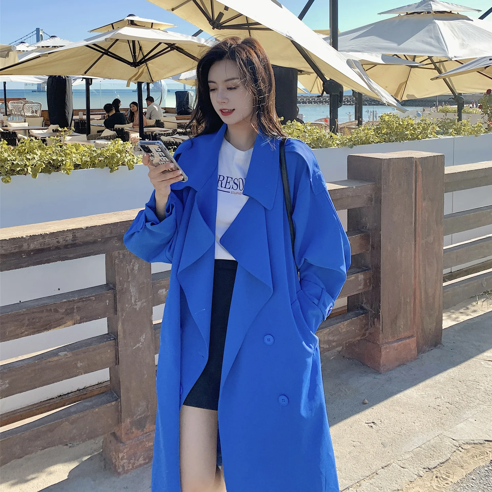 

SuperAen 2022 Spring New Fashion Blue Windbreaker Women's Long Oversized Korean Chic Long Coat for Women