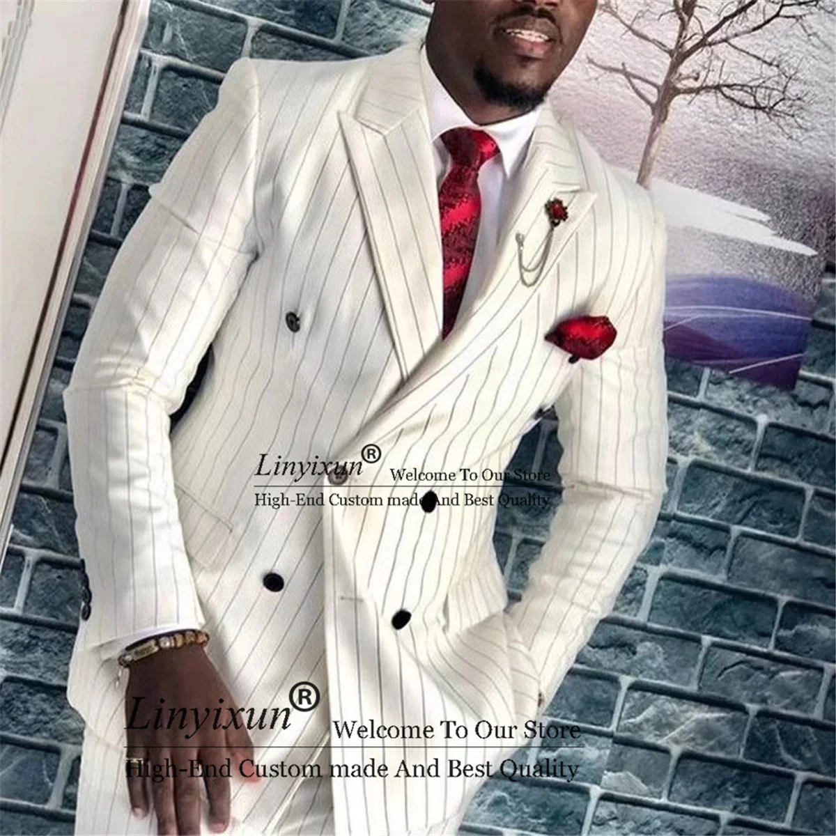 

Beige Strip Double Breasted Men Wedding Suits Slim Fit Groom Prom Tuxedos 2 Pieces Set Best Men Blazer Pants Terno Masculino