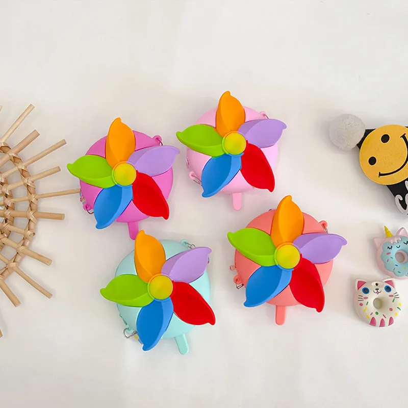 

2023 Cute Silica Gel Children's Shoulder Bag Windmill Baby Girls Mini Coin Purse Handbags Kids Cross-body Bags Messenger Bags