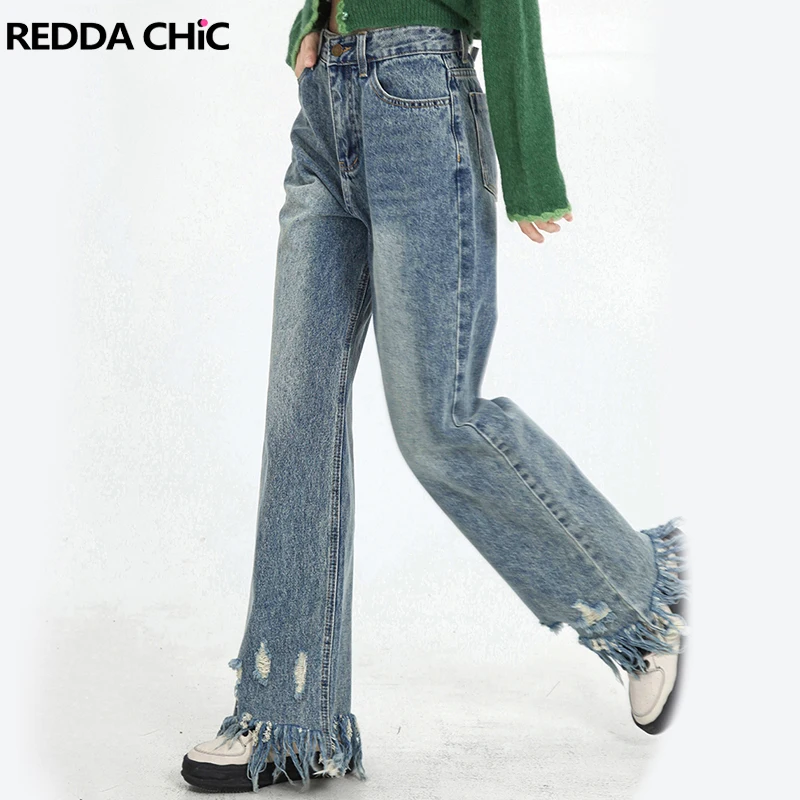 

ReddaChic Ripped Tassel Jeans Y2k Acubi Fashion Pants for Women High Waist Straight Oversize Denim Trousers Harajuku Streetwear