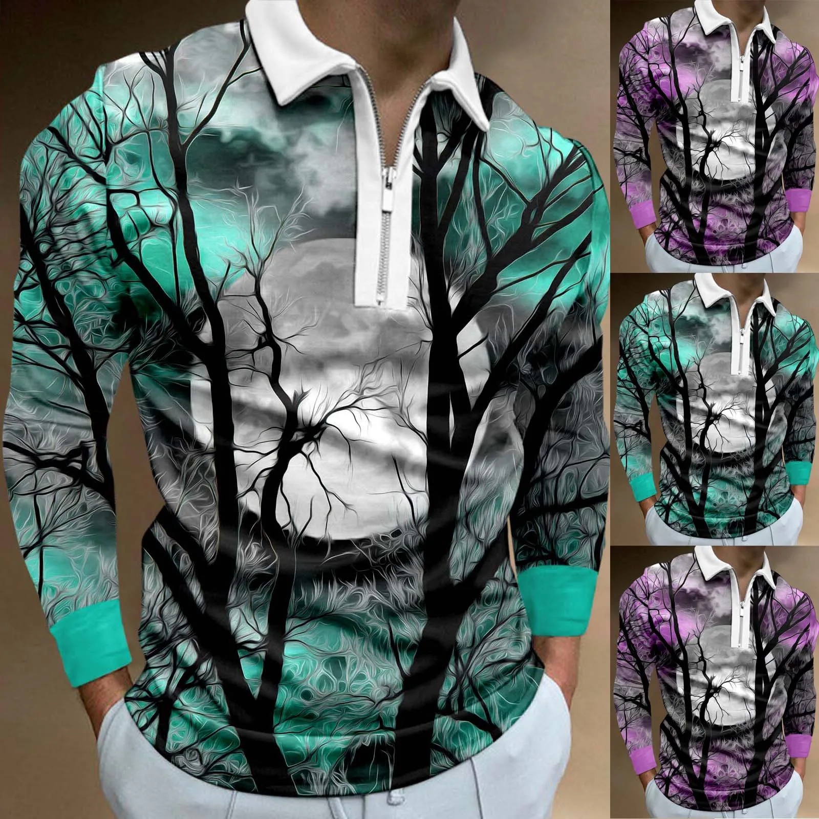 

Футболка мужская белая средней длины, Повседневная рубашка на молнии с отложным воротником и принтом на Хэллоуин, топы с длинным рукавом, ро...