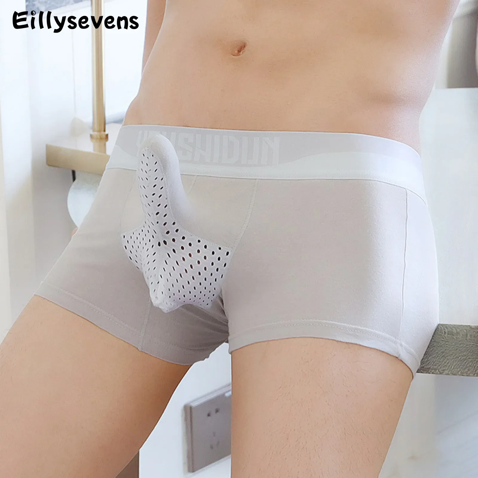 męska seksowne majtki długa sakiewka na penisa bielizna bokserki z nosem słonia lodowy jedwab oddychające kalesony odprowadzające wilgoć